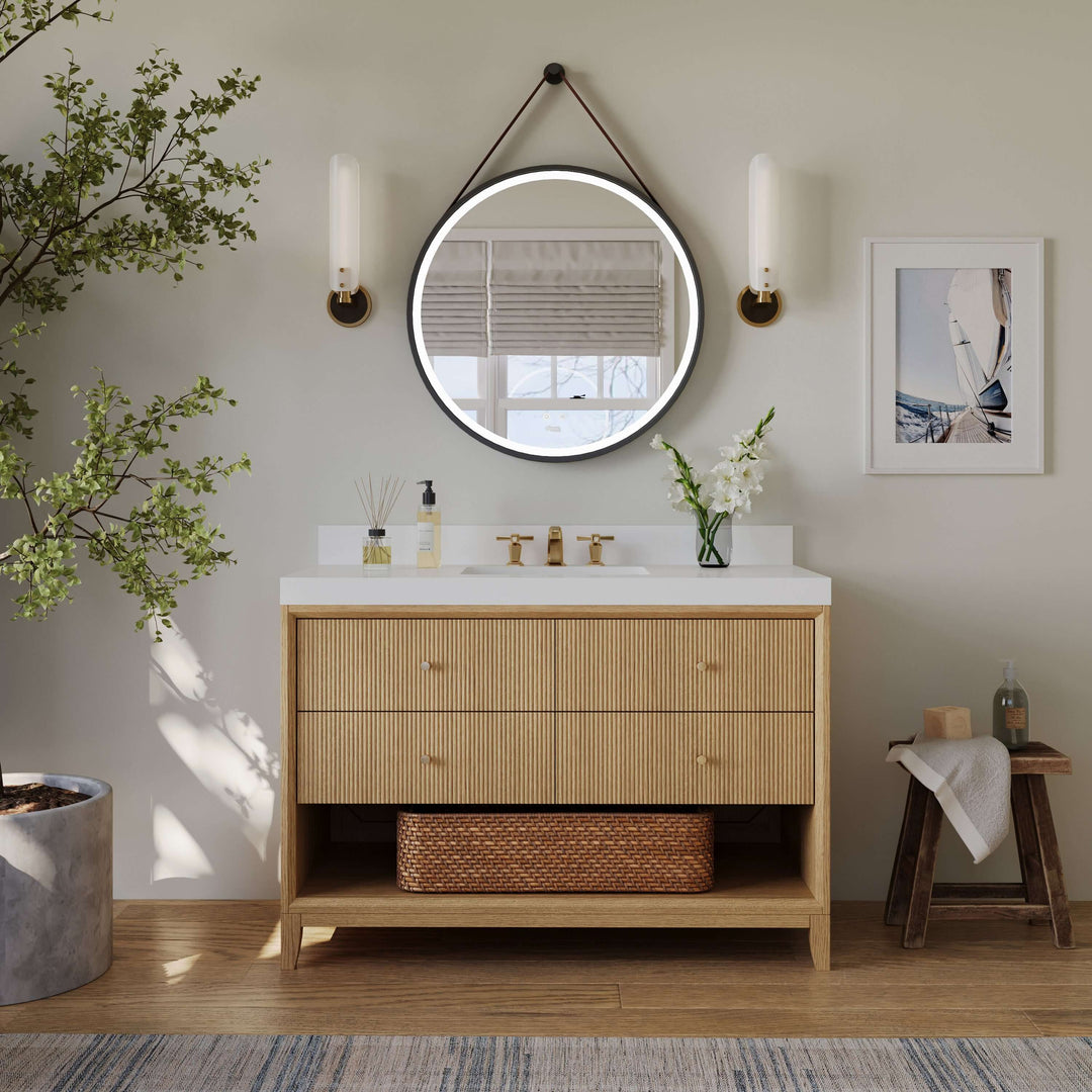 Momo Modern Oak Vanity with White Quartz Top & Gold Knobs