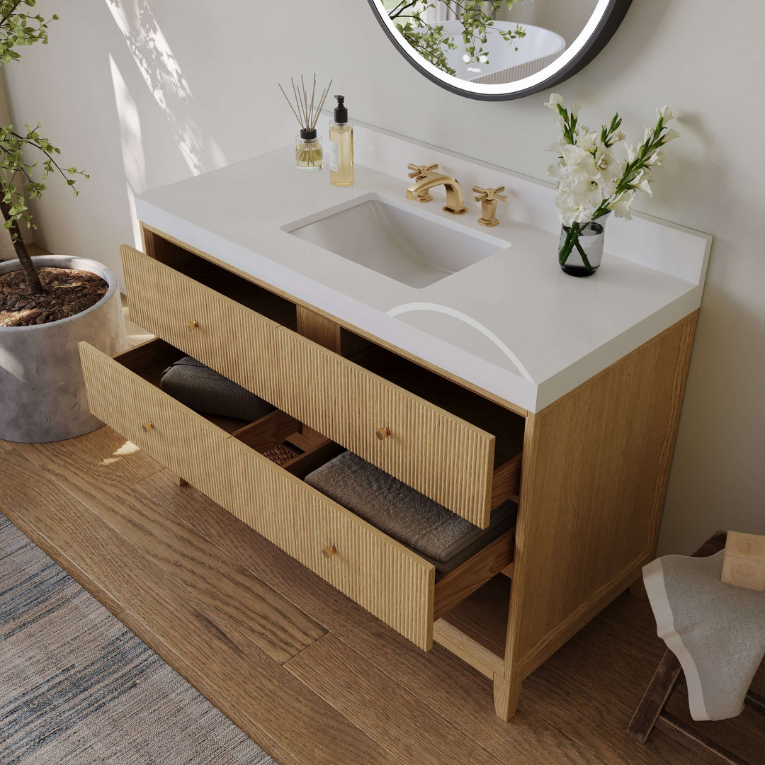 Momo Modern Oak Vanity with White Quartz Top & Gold Knobs