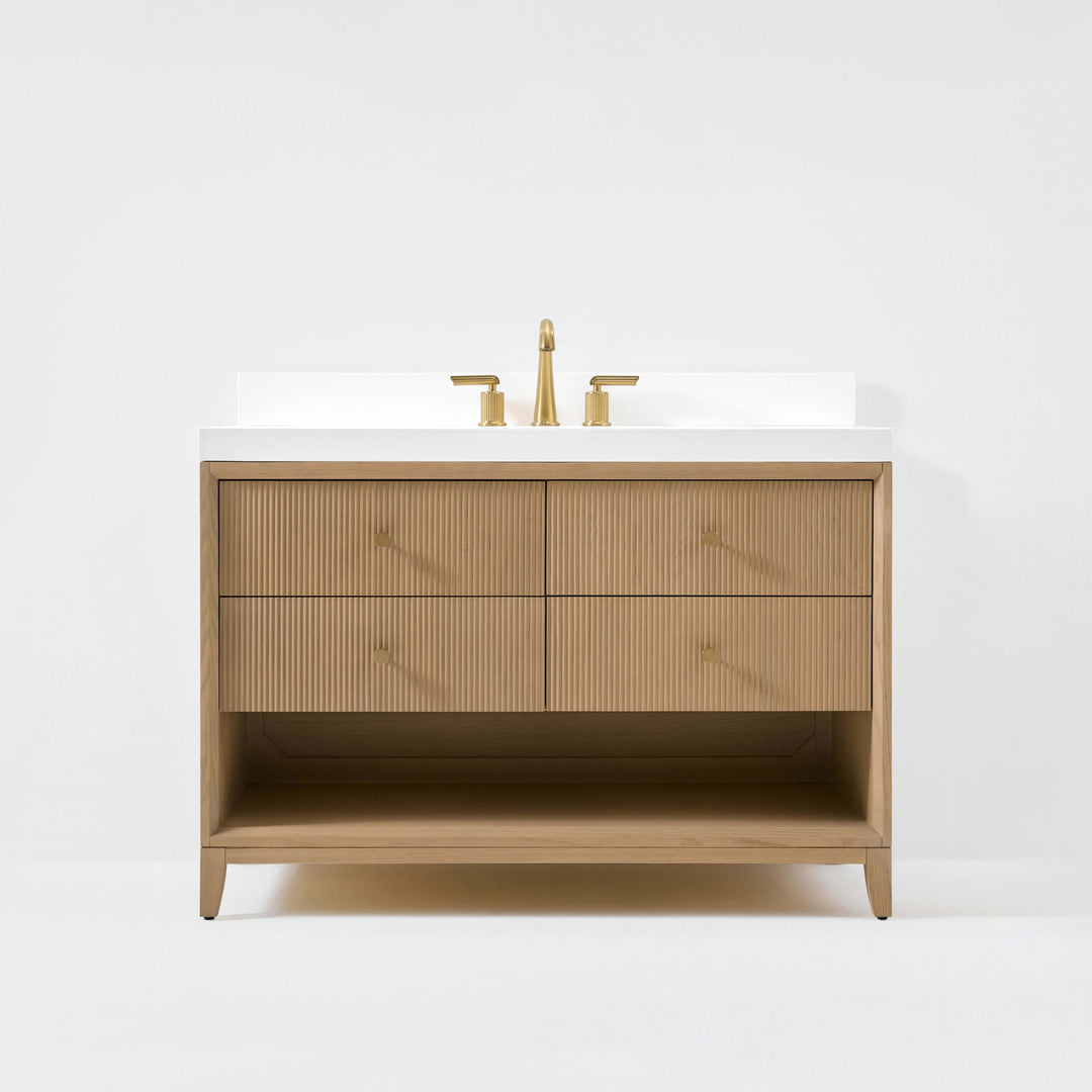 Momo Modern Oak Vanity with White Quartz Top & Gold Knobs