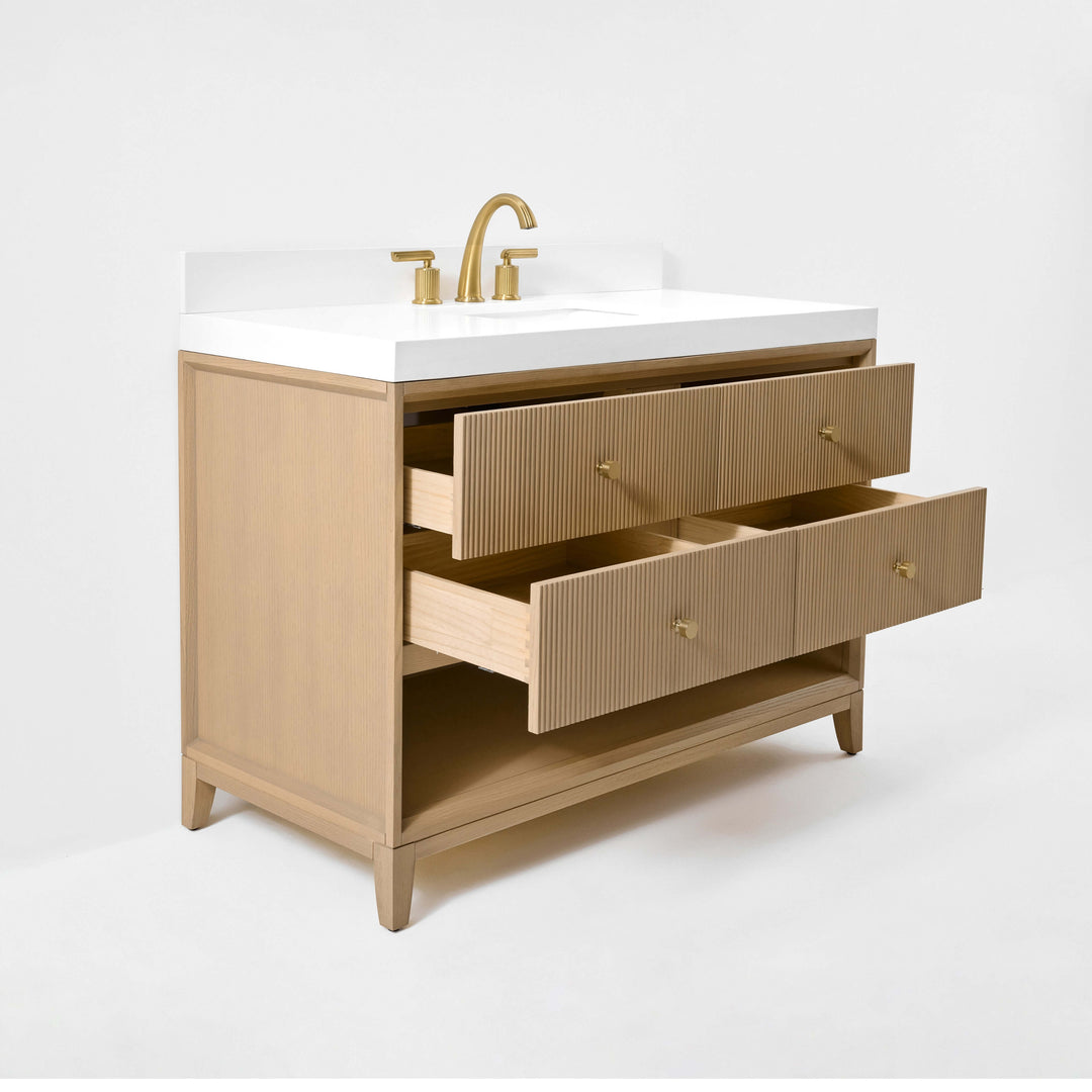 Momo Modern Oak Vanity with White Quartz Top & Gold Knobs