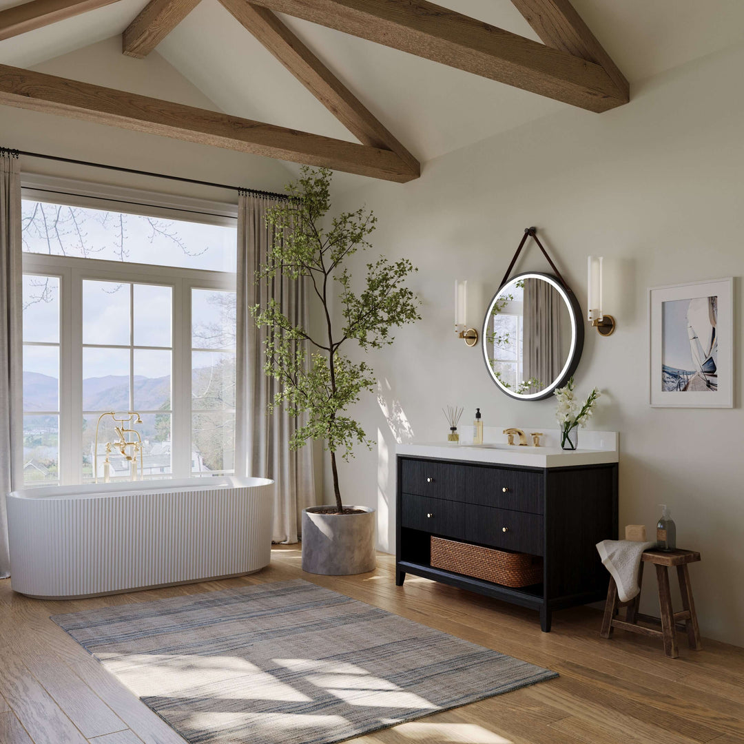 Momo Modern Oak Vanity with White Quartz Top & Gold Knobs