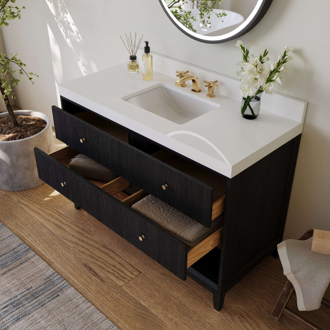 Momo Modern Oak Vanity with White Quartz Top & Gold Knobs