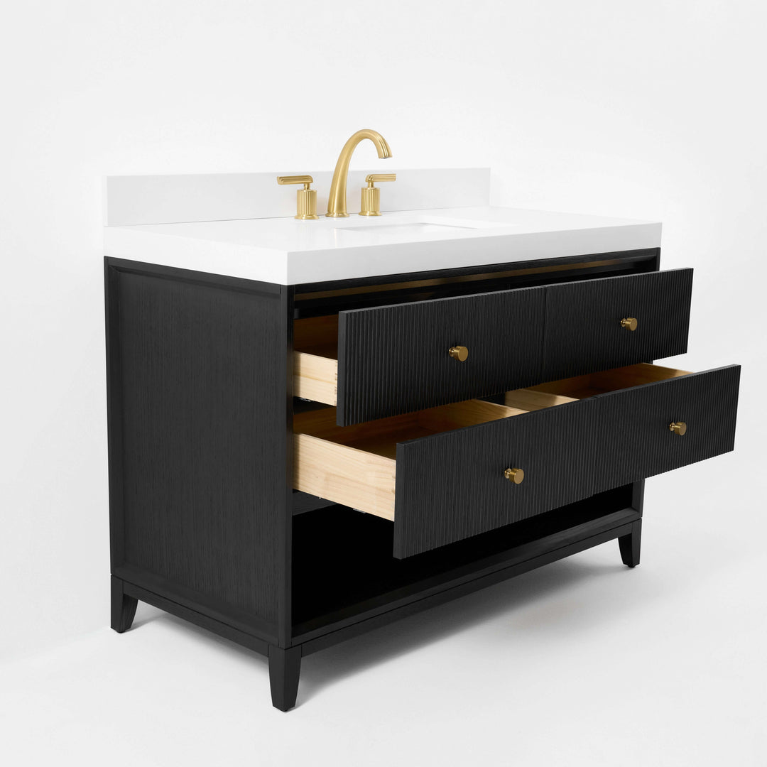 Momo Modern Oak Vanity with White Quartz Top & Gold Knobs