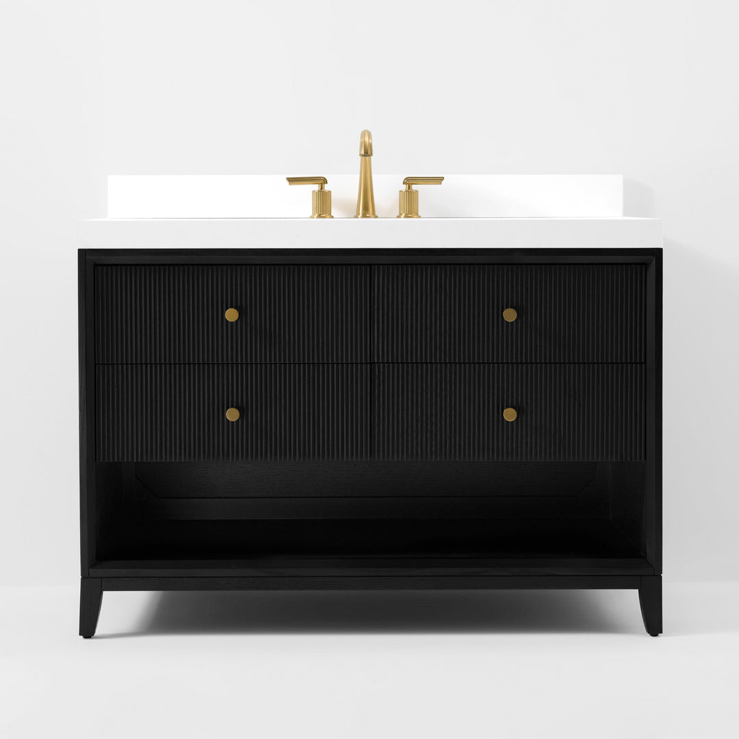 Momo Modern Oak Vanity with White Quartz Top & Gold Knobs