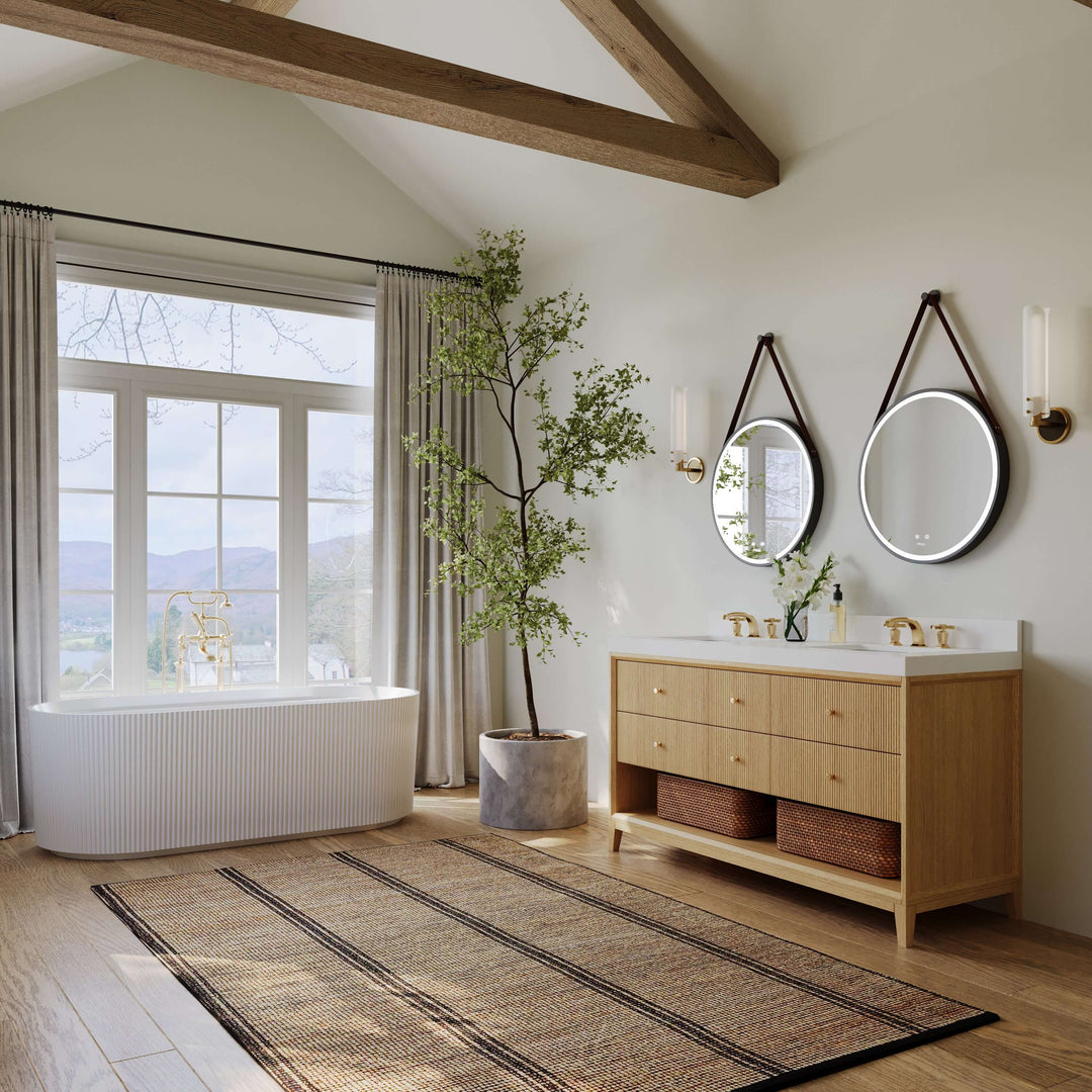 Momo Modern Oak Vanity with White Quartz Top & Gold Knobs