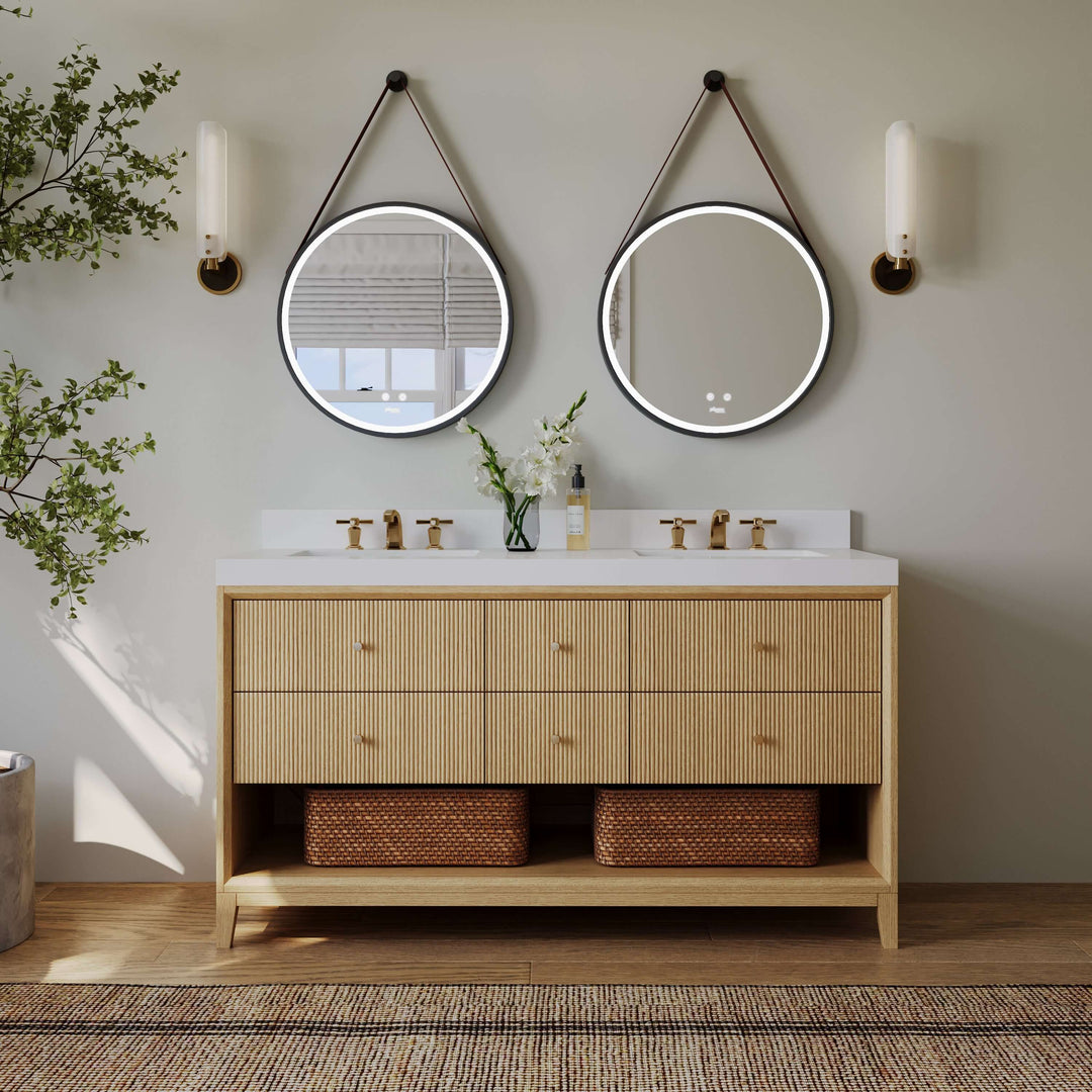 Momo Modern Oak Vanity with White Quartz Top & Gold Knobs