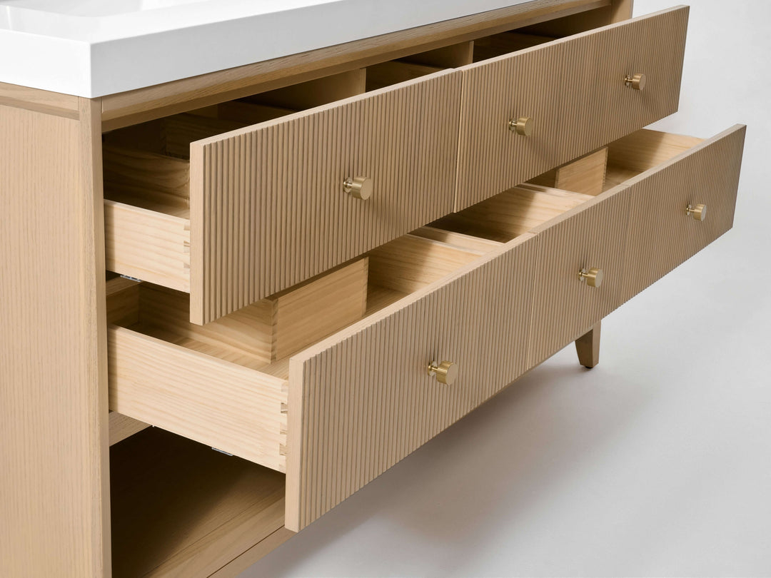 Momo Modern Oak Vanity with White Quartz Top & Gold Knobs