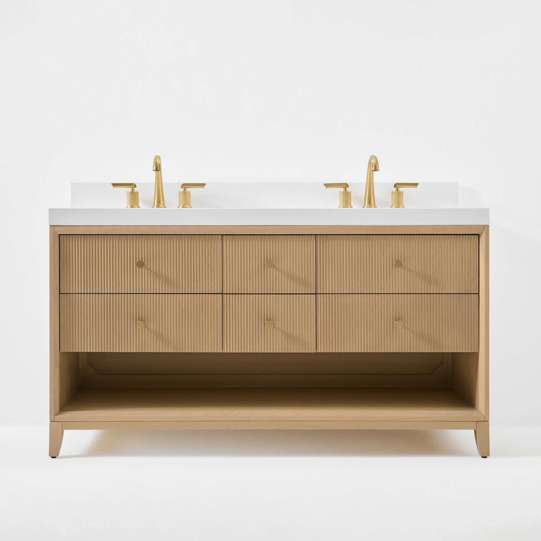 Momo Modern Oak Vanity with White Quartz Top & Gold Knobs