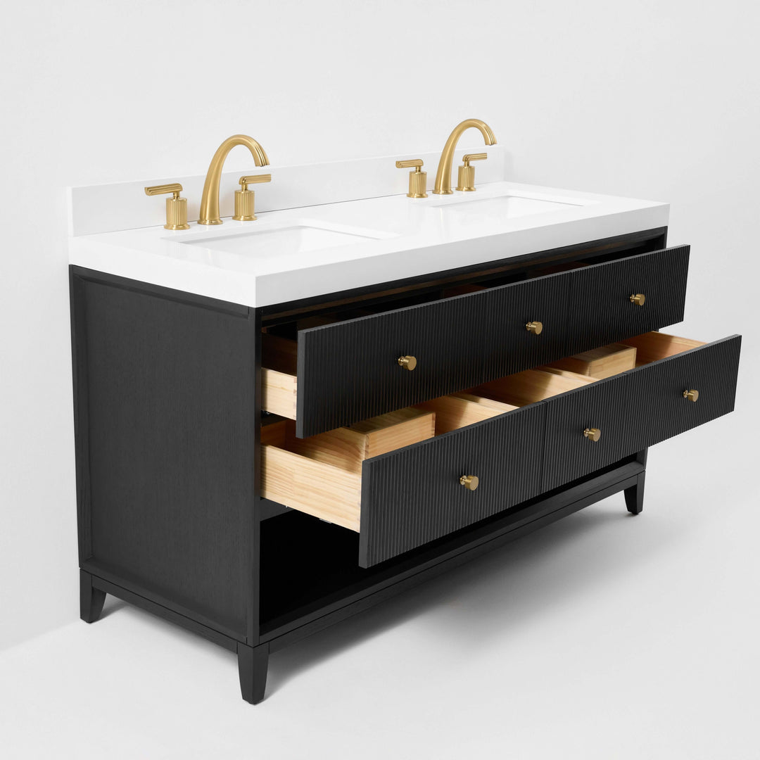 Momo Modern Oak Vanity with White Quartz Top & Gold Knobs