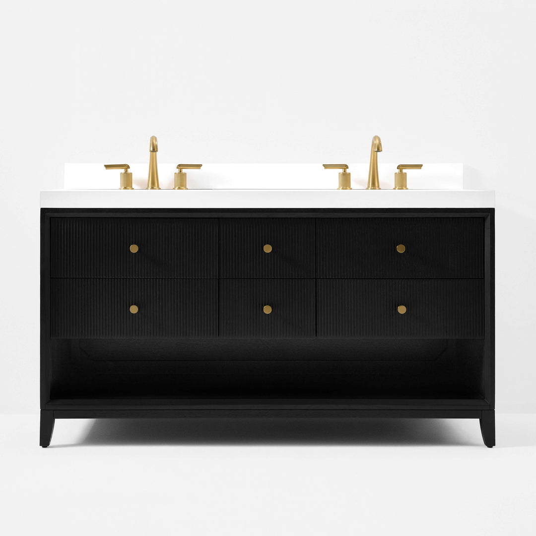 Momo Modern Oak Vanity with White Quartz Top & Gold Knobs