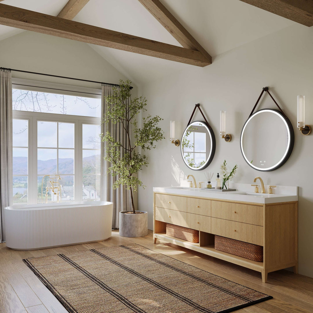 Momo Modern Oak Vanity with White Quartz Top & Gold Knobs