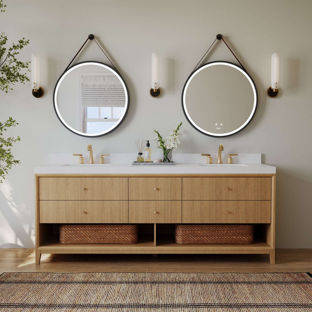 Momo Modern Oak Vanity with White Quartz Top & Gold Knobs