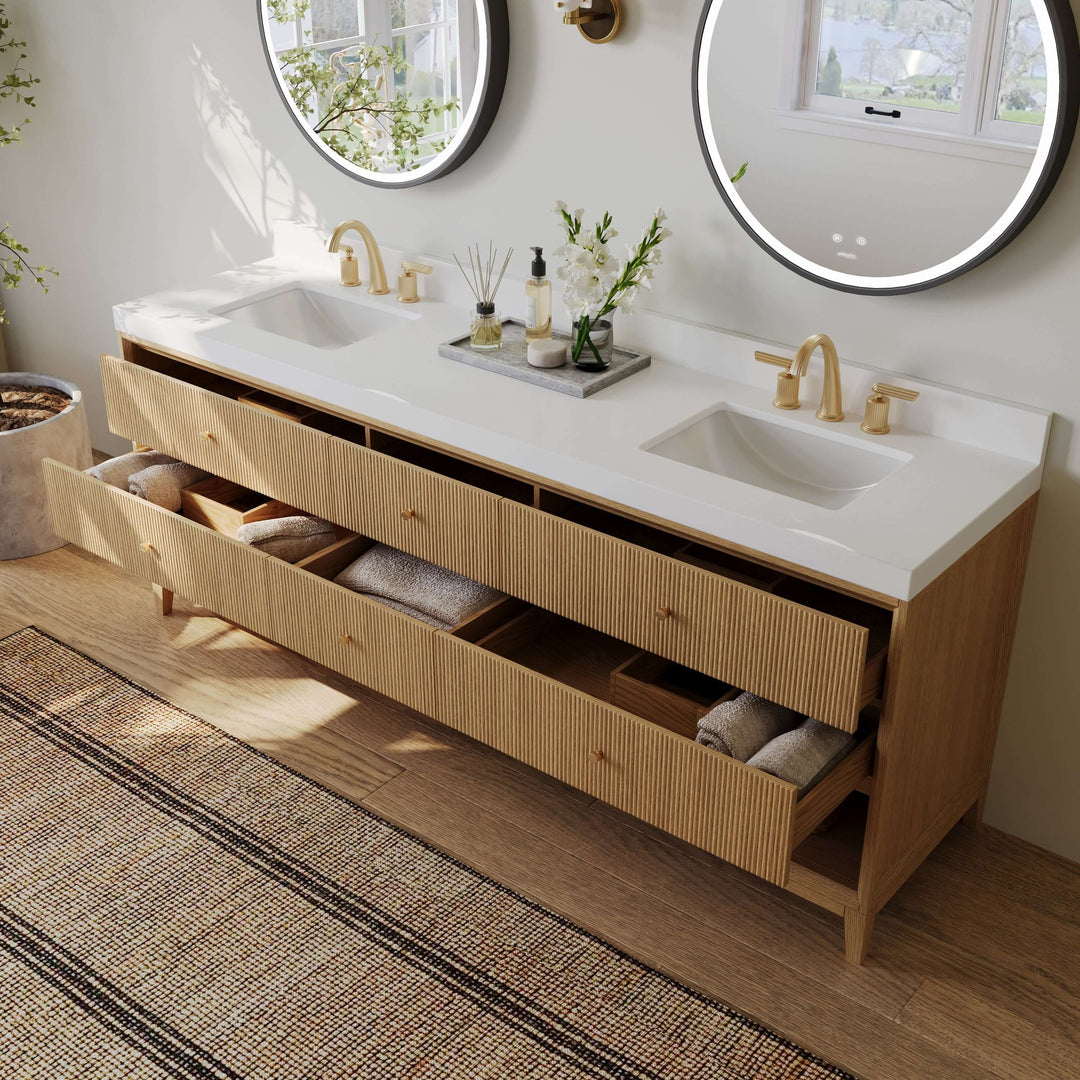Momo Modern Oak Vanity with White Quartz Top & Gold Knobs