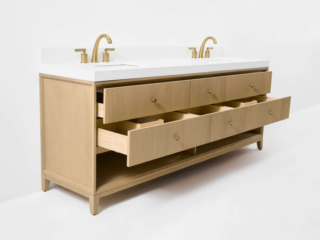 Momo Modern Oak Vanity with White Quartz Top & Gold Knobs