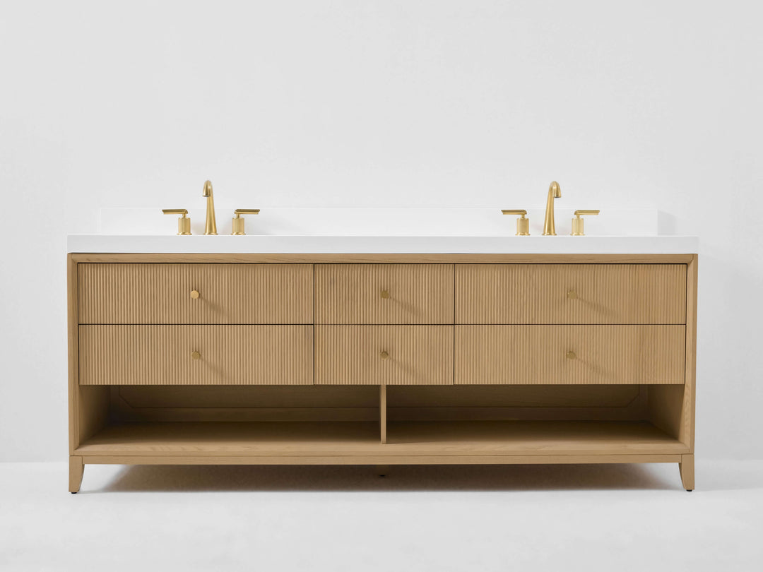 Momo Modern Oak Vanity with White Quartz Top & Gold Knobs