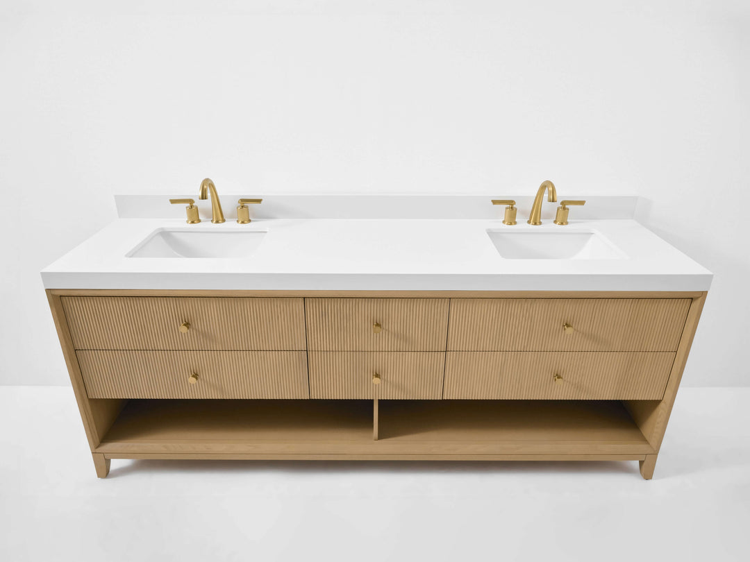 Momo Modern Oak Vanity with White Quartz Top & Gold Knobs