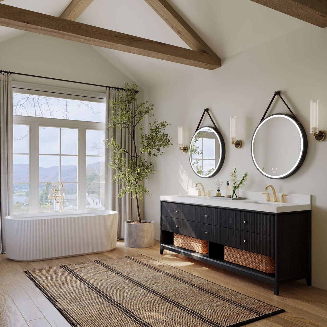 Momo Modern Oak Vanity with White Quartz Top & Gold Knobs