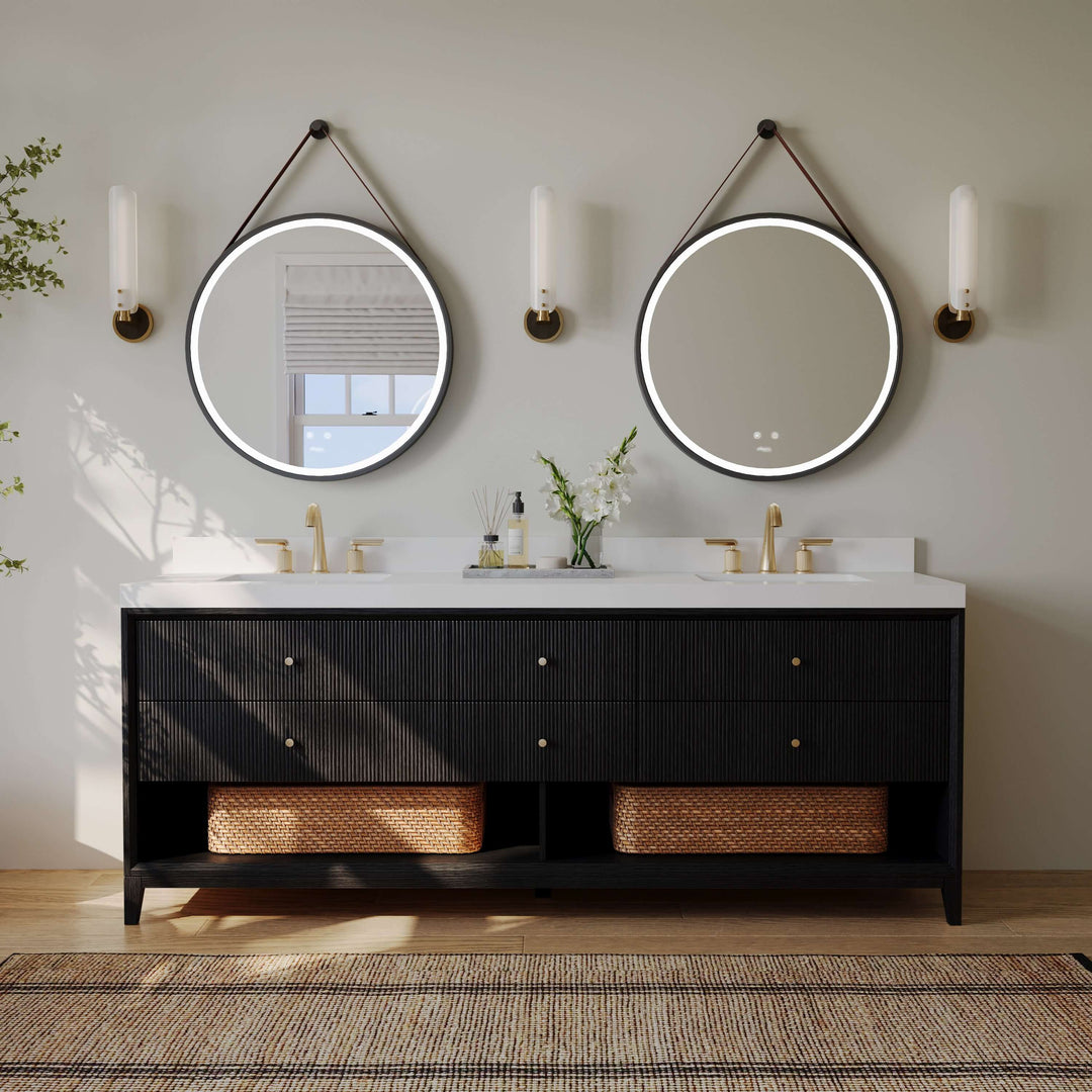 Momo Modern Oak Vanity with White Quartz Top & Gold Knobs