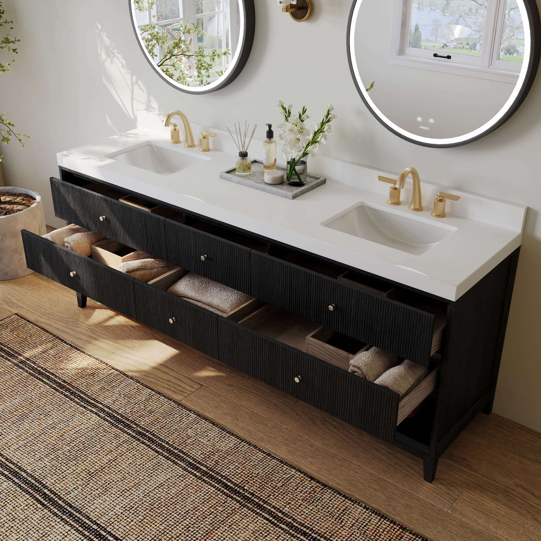 Momo Modern Oak Vanity with White Quartz Top & Gold Knobs