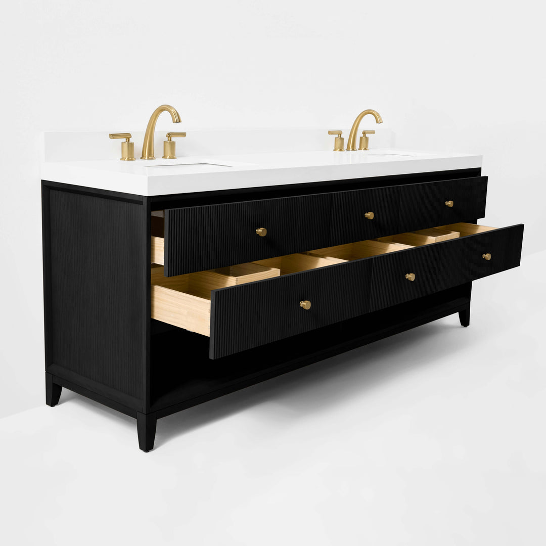 Momo Modern Oak Vanity with White Quartz Top & Gold Knobs
