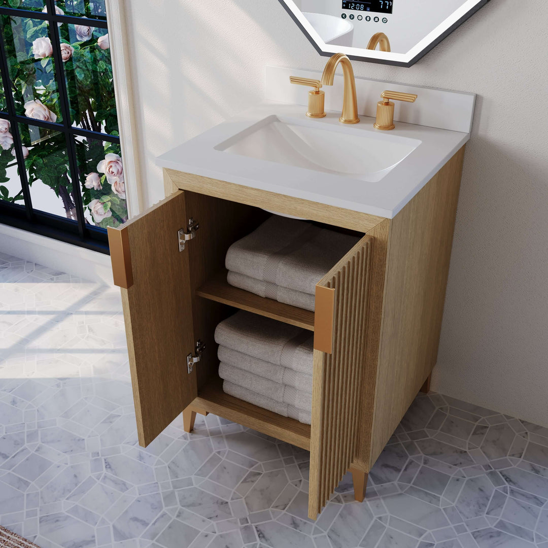 Turlington Oak Vanity with White Quartz Top & Gold Hardware