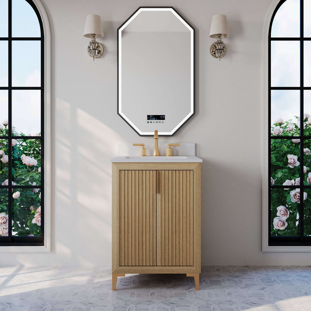 Turlington Oak Vanity with White Quartz Top & Gold Hardware