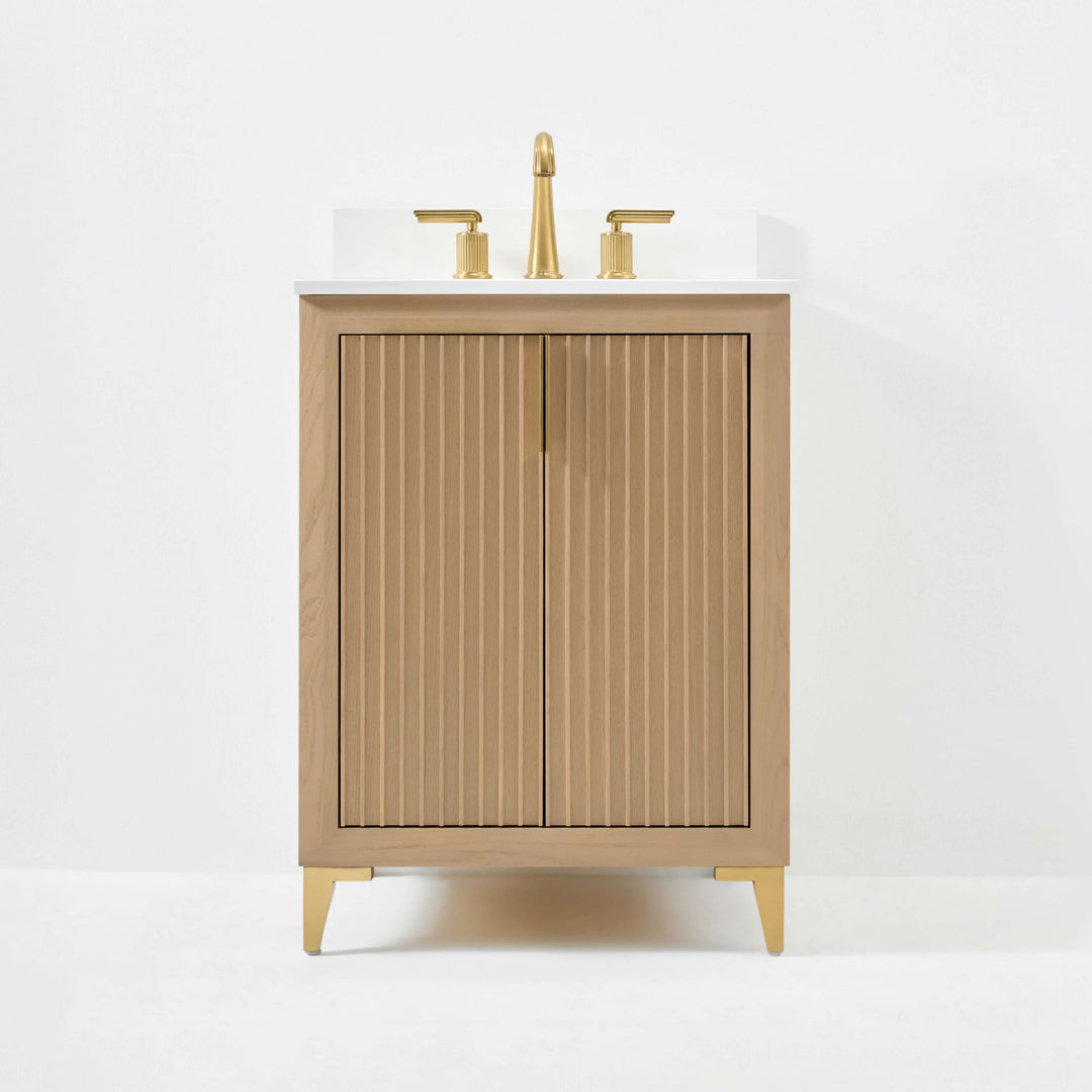 Turlington Oak Vanity with White Quartz Top & Gold Hardware