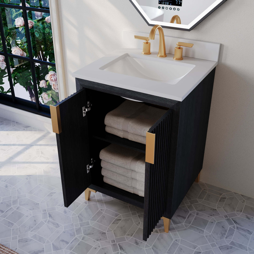 Turlington Oak Vanity with White Quartz Top & Gold Hardware