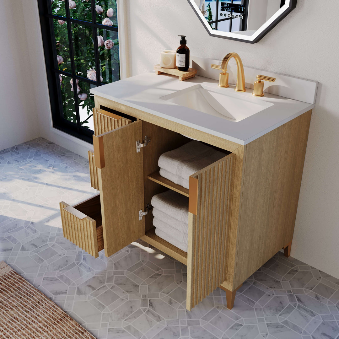 Turlington Oak Vanity with White Quartz Top & Gold Hardware