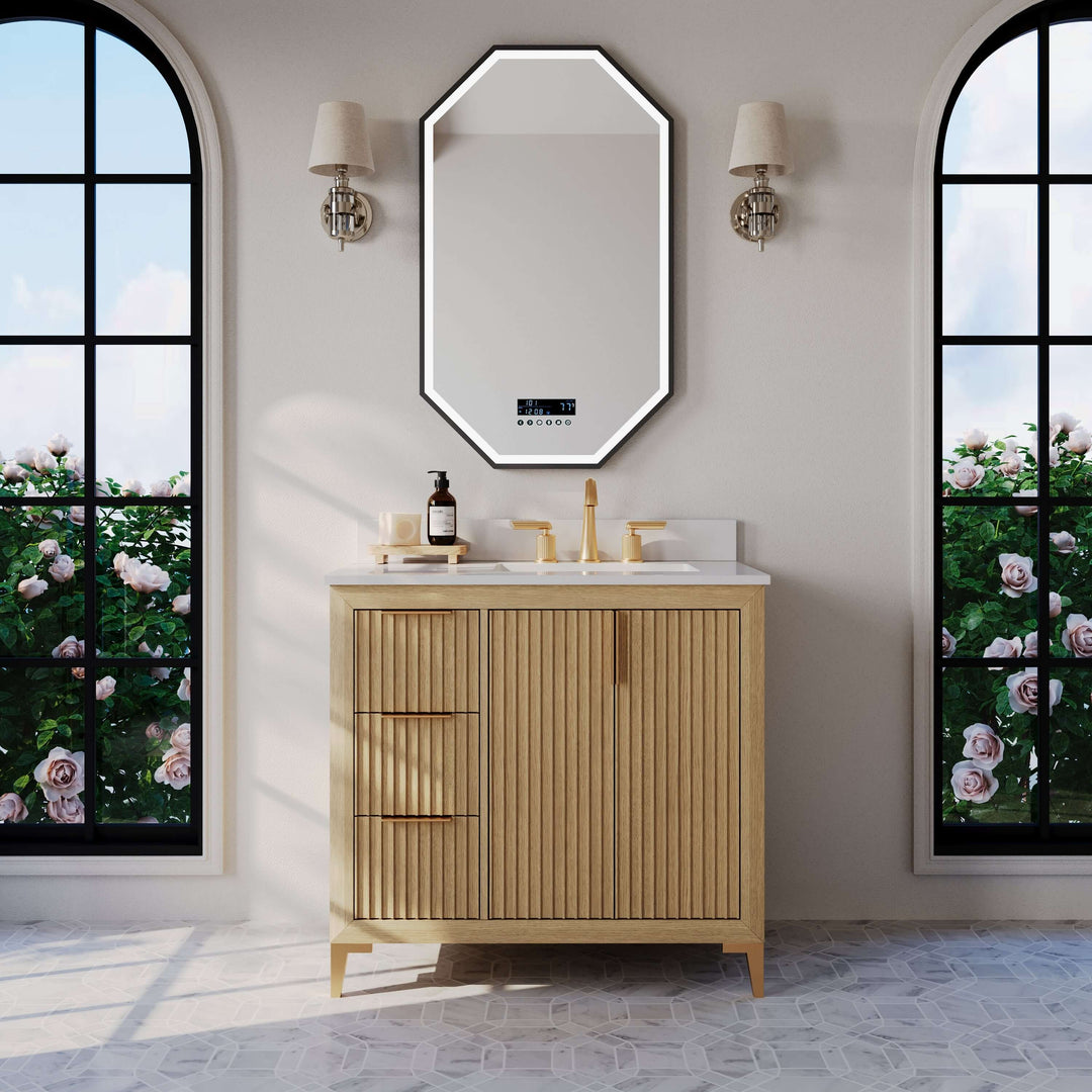 Turlington Oak Vanity with White Quartz Top & Gold Hardware