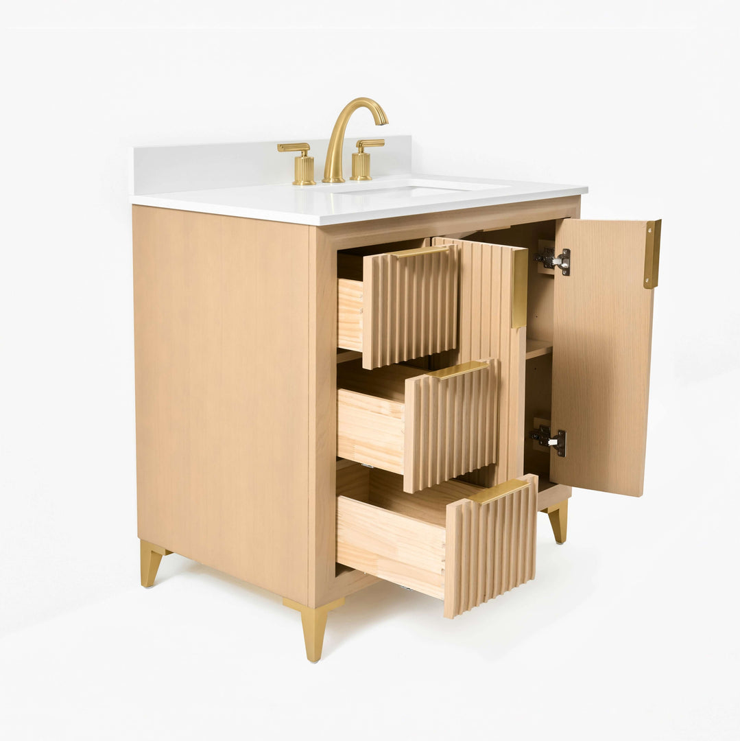 Turlington Oak Vanity with White Quartz Top & Gold Hardware