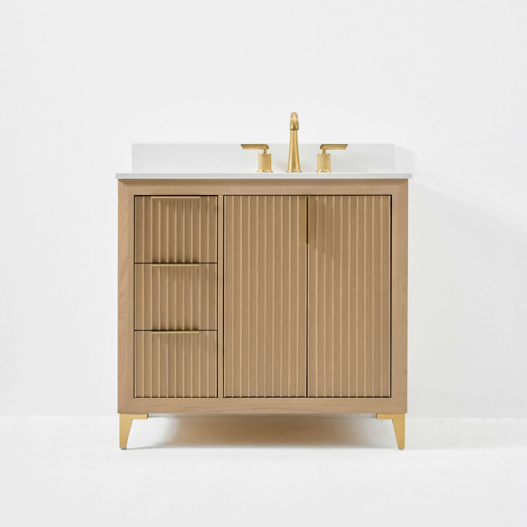 Turlington Oak Vanity with White Quartz Top & Gold Hardware