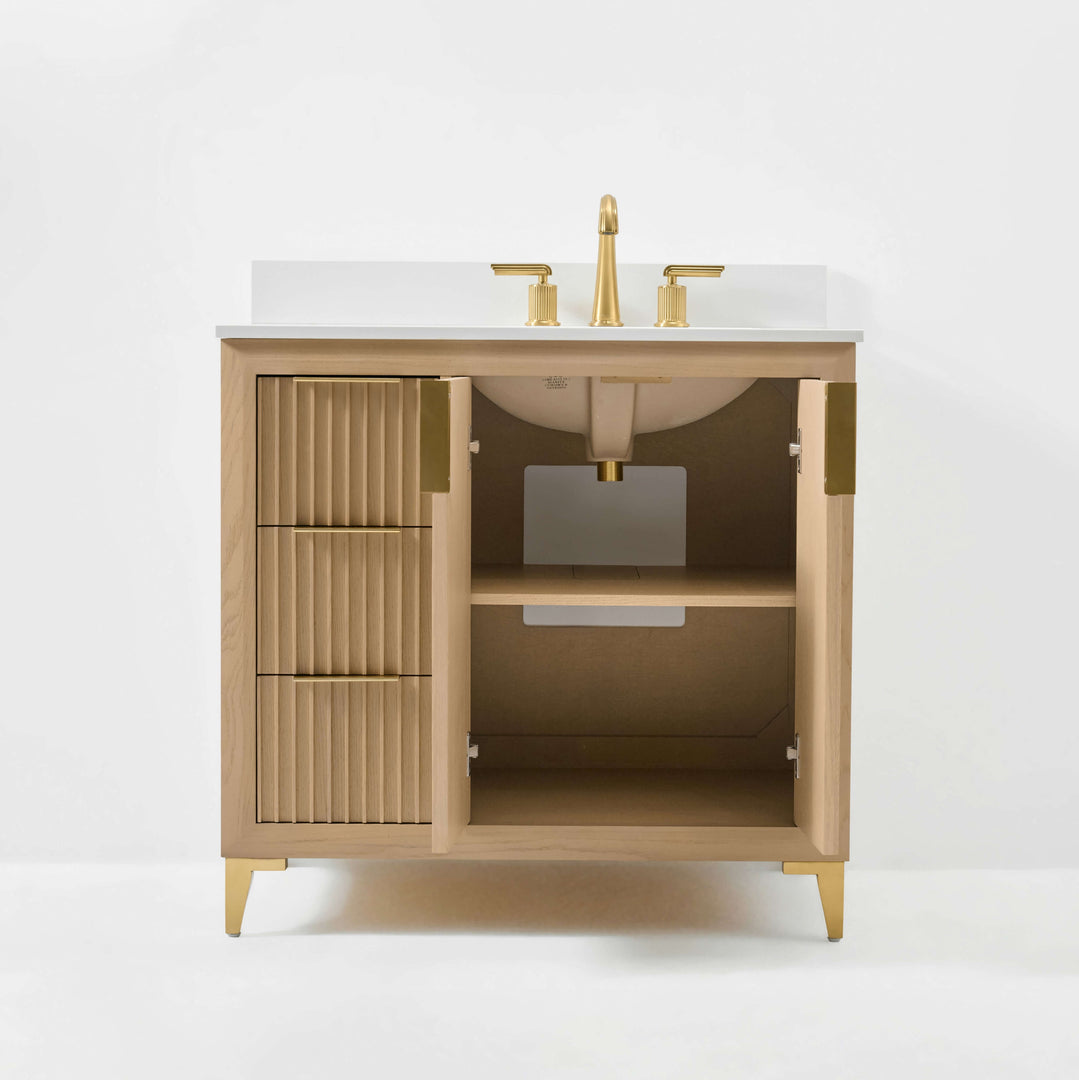 Turlington Oak Vanity with White Quartz Top & Gold Hardware