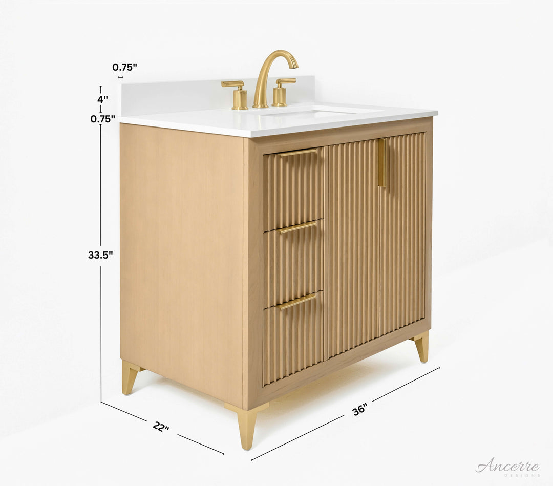 Turlington Oak Vanity with White Quartz Top & Gold Hardware