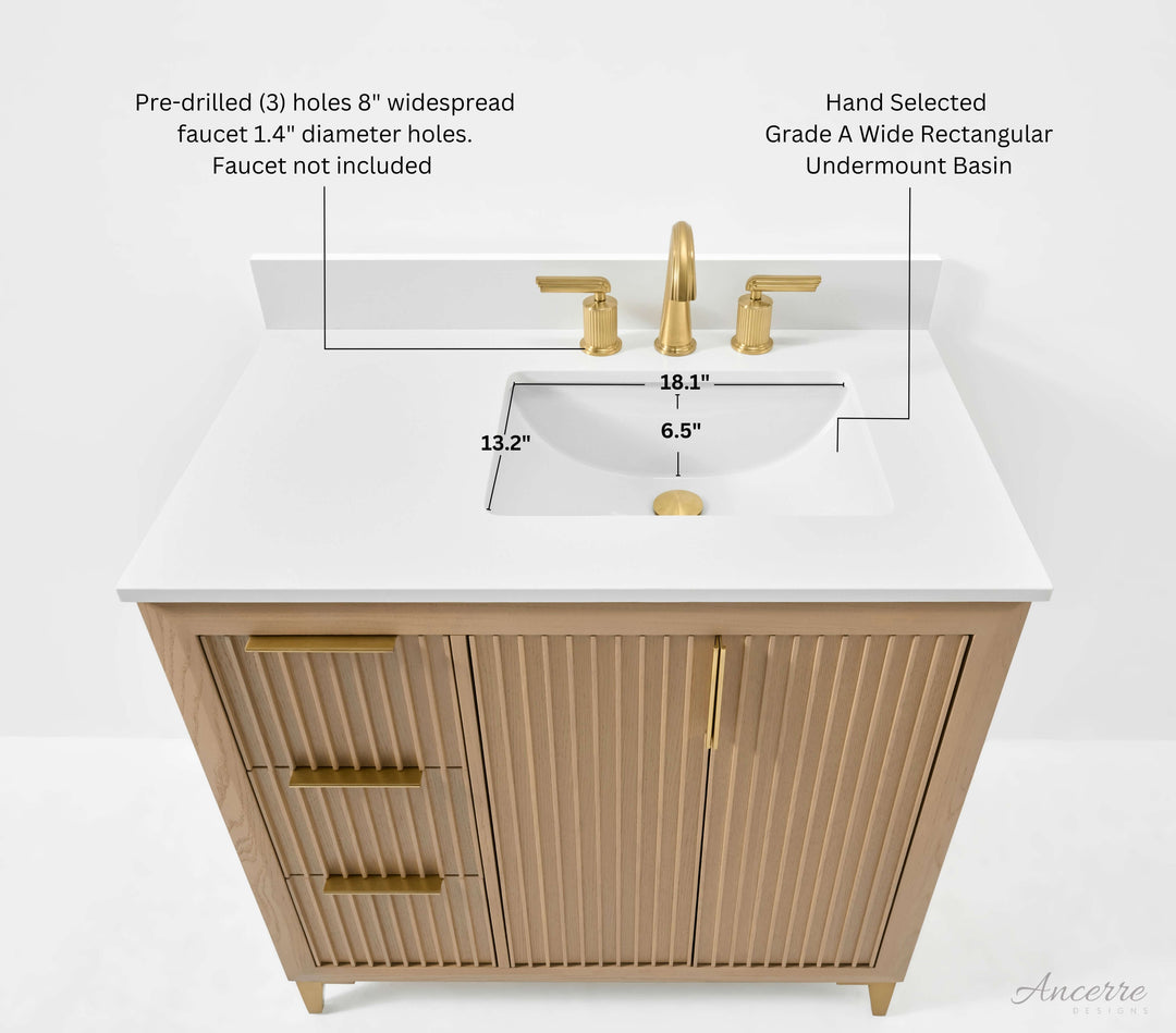 Turlington Oak Vanity with White Quartz Top & Gold Hardware