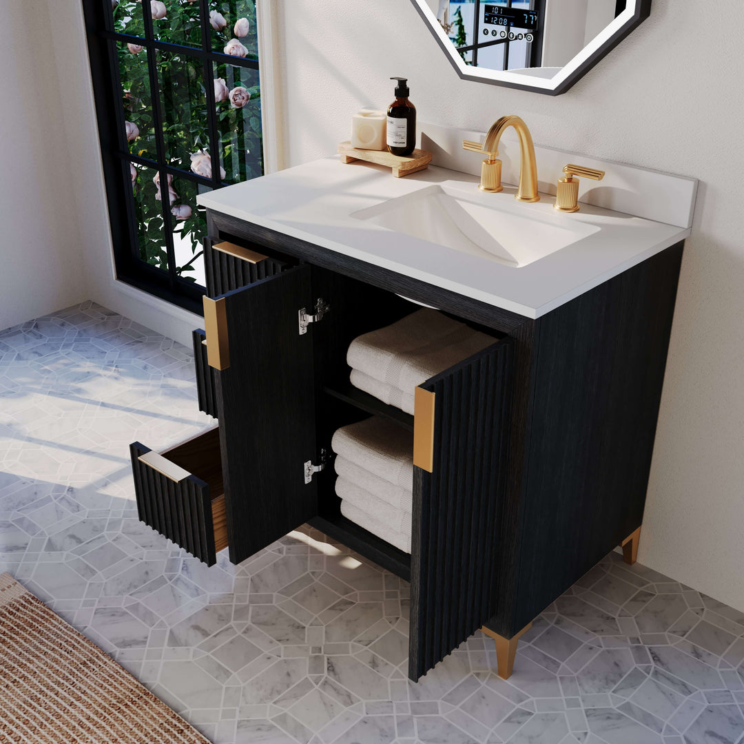 Turlington Oak Vanity with White Quartz Top & Gold Hardware