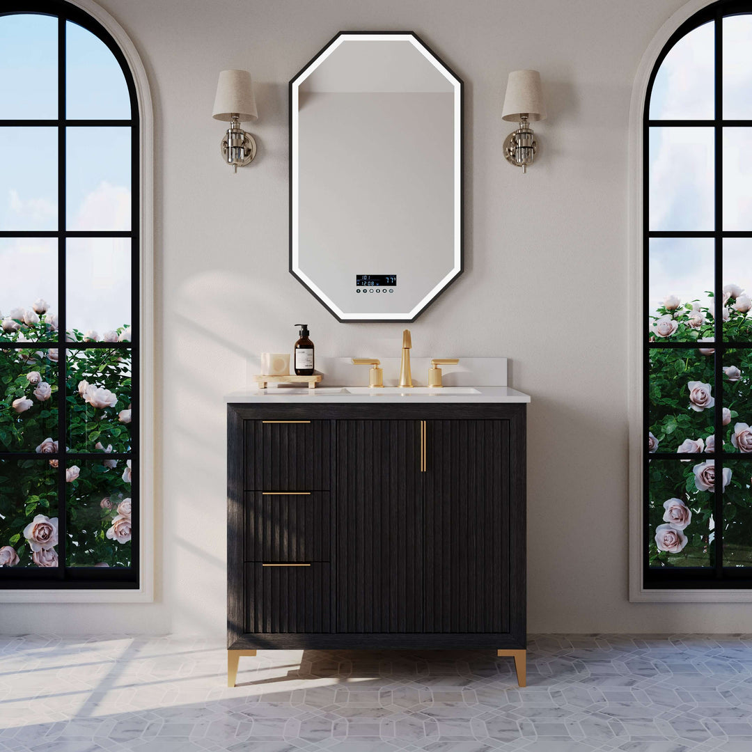 Turlington Oak Vanity with White Quartz Top & Gold Hardware