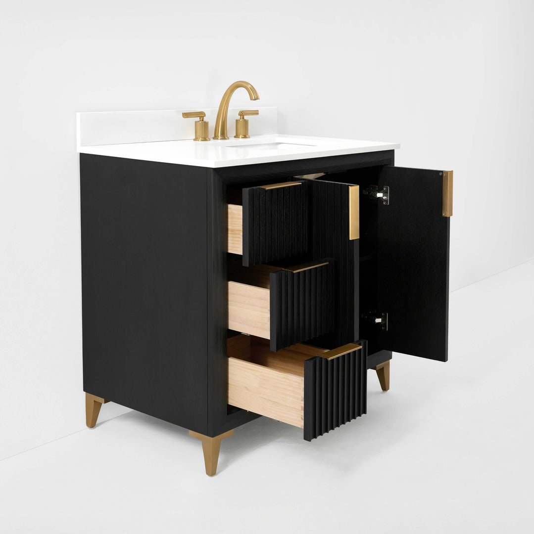 Turlington Oak Vanity with White Quartz Top & Gold Hardware