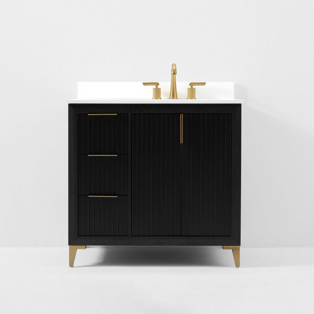 Turlington Oak Vanity with White Quartz Top & Gold Hardware