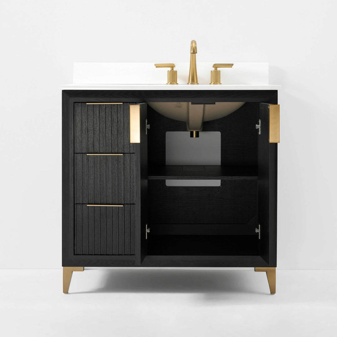 Turlington Oak Vanity with White Quartz Top & Gold Hardware