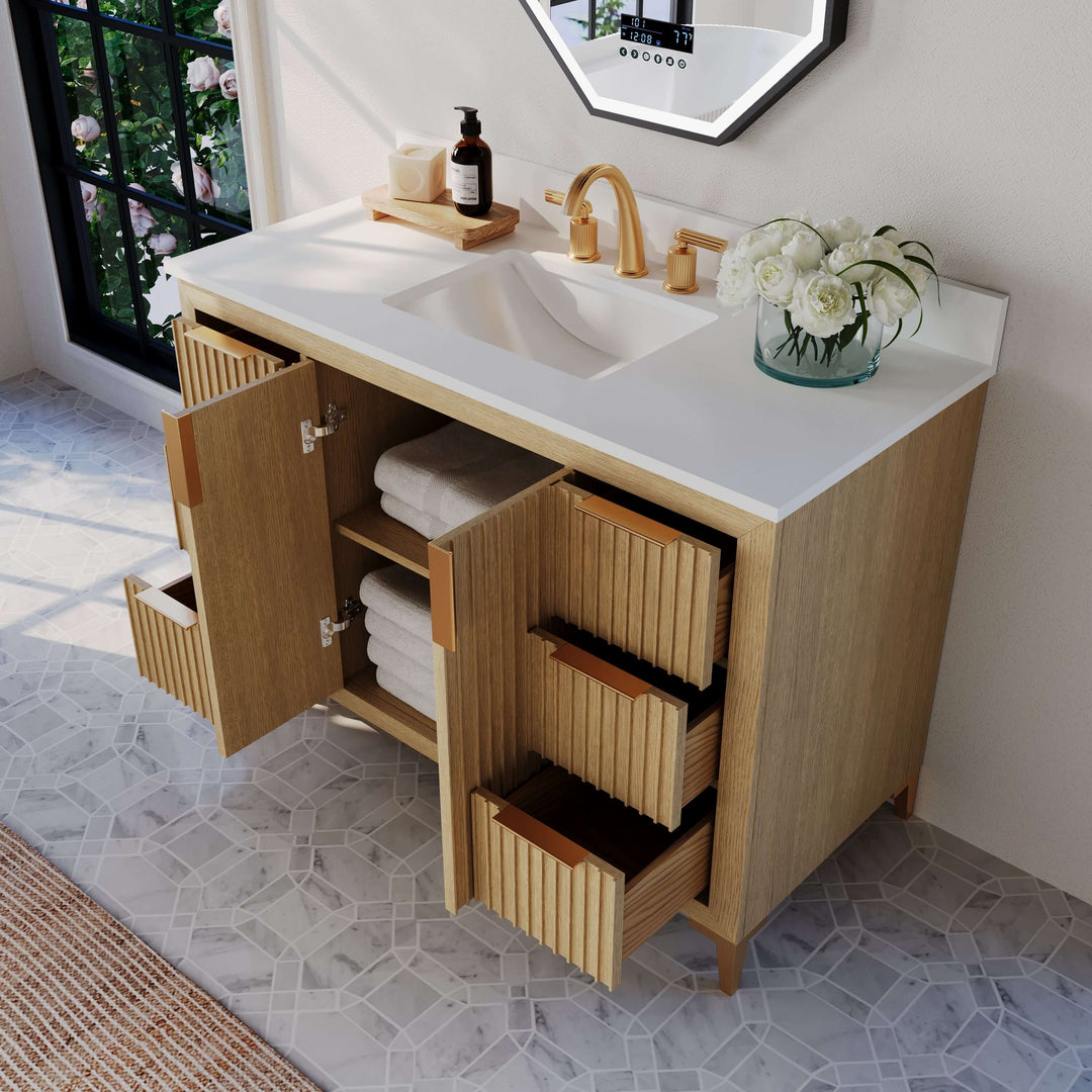 Turlington Oak Vanity with White Quartz Top & Gold Hardware