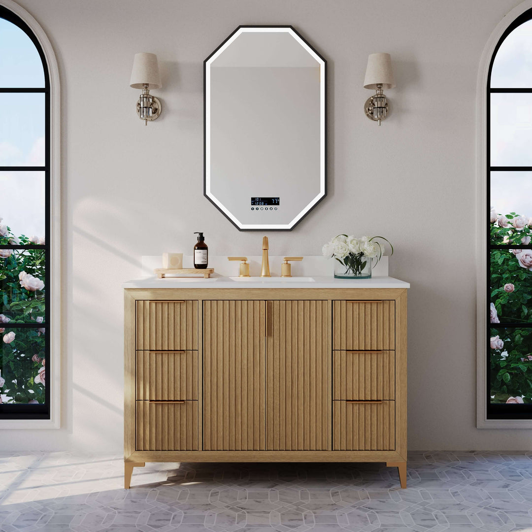 Turlington Oak Vanity with White Quartz Top & Gold Hardware