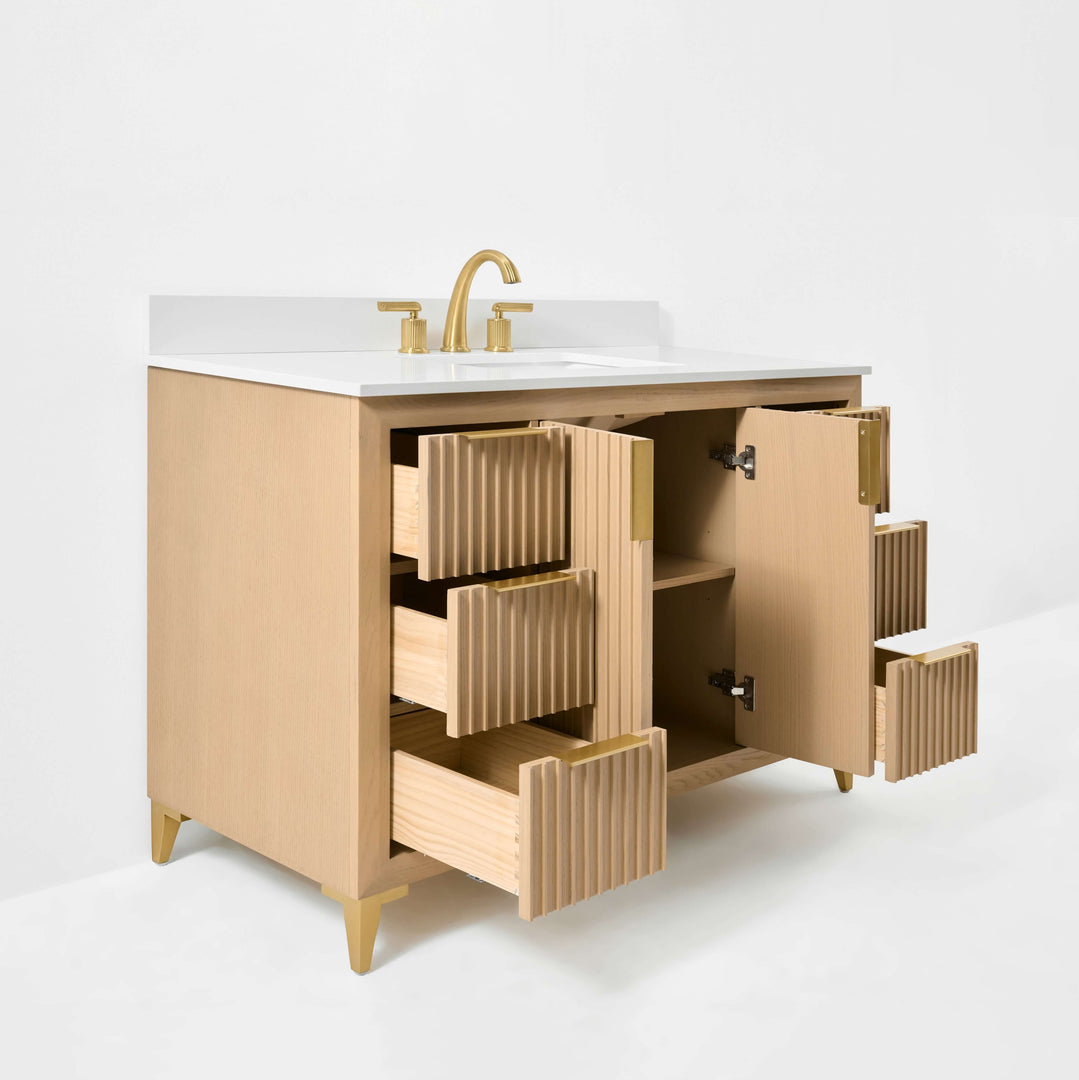Turlington Oak Vanity with White Quartz Top & Gold Hardware