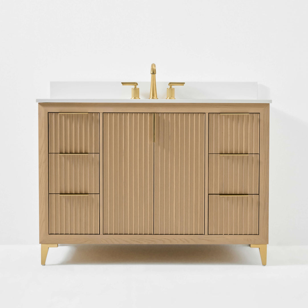 Turlington Oak Vanity with White Quartz Top & Gold Hardware