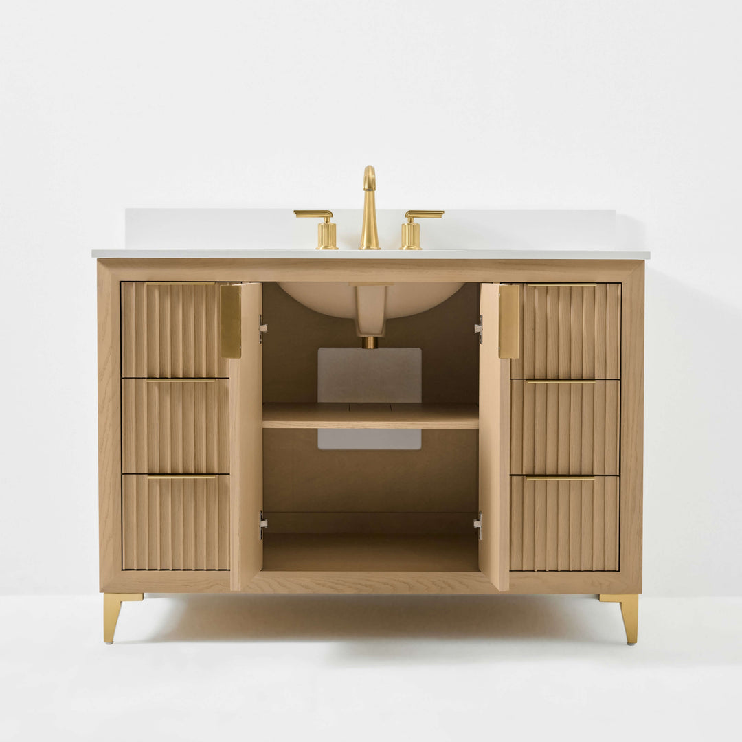 Turlington Oak Vanity with White Quartz Top & Gold Hardware