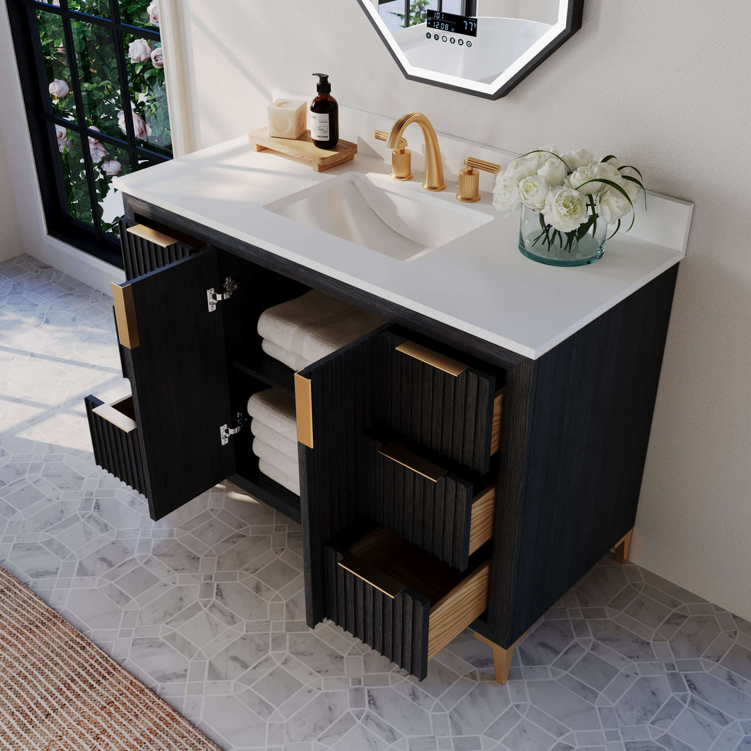 Turlington Oak Vanity with White Quartz Top & Gold Hardware