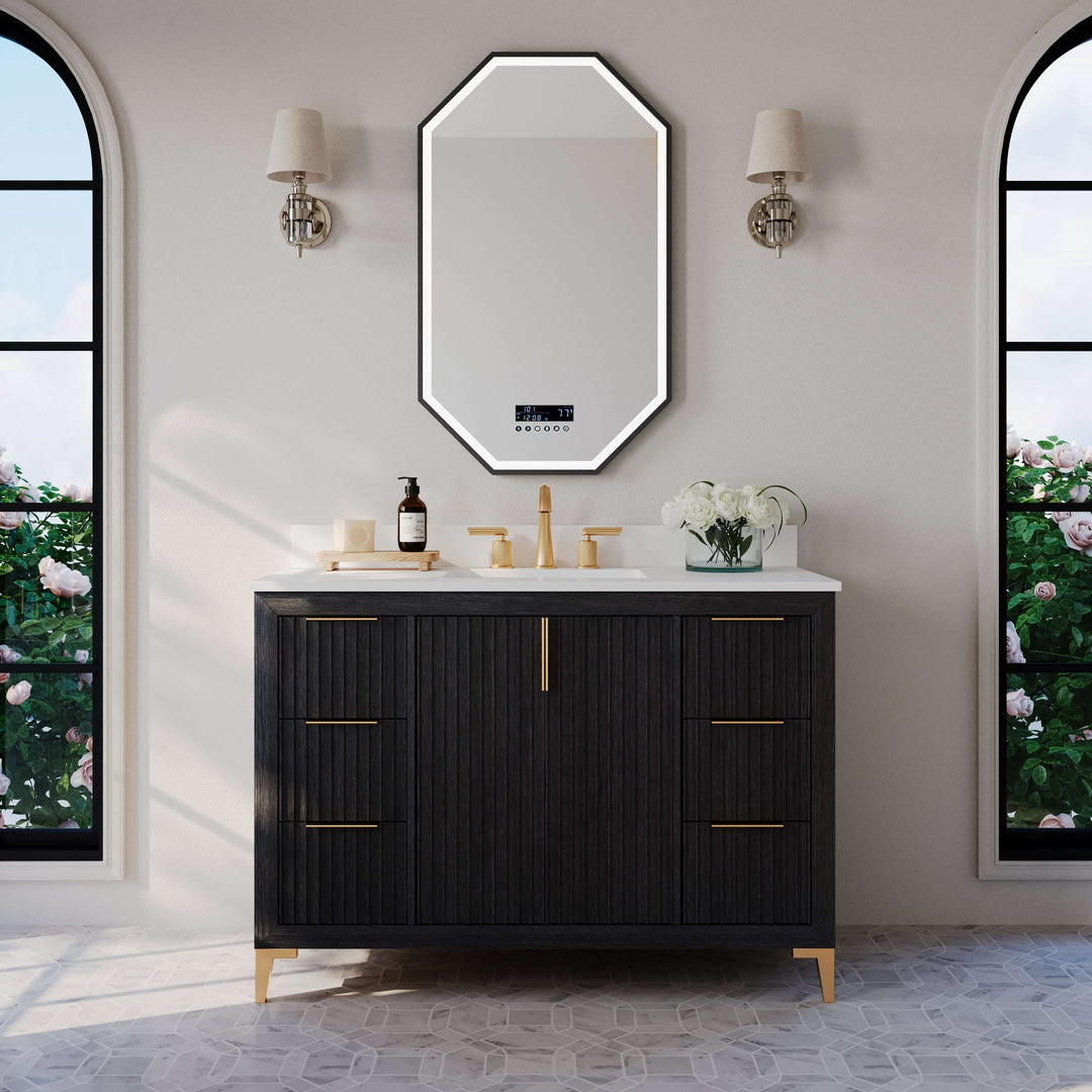 Turlington Oak Vanity with White Quartz Top & Gold Hardware