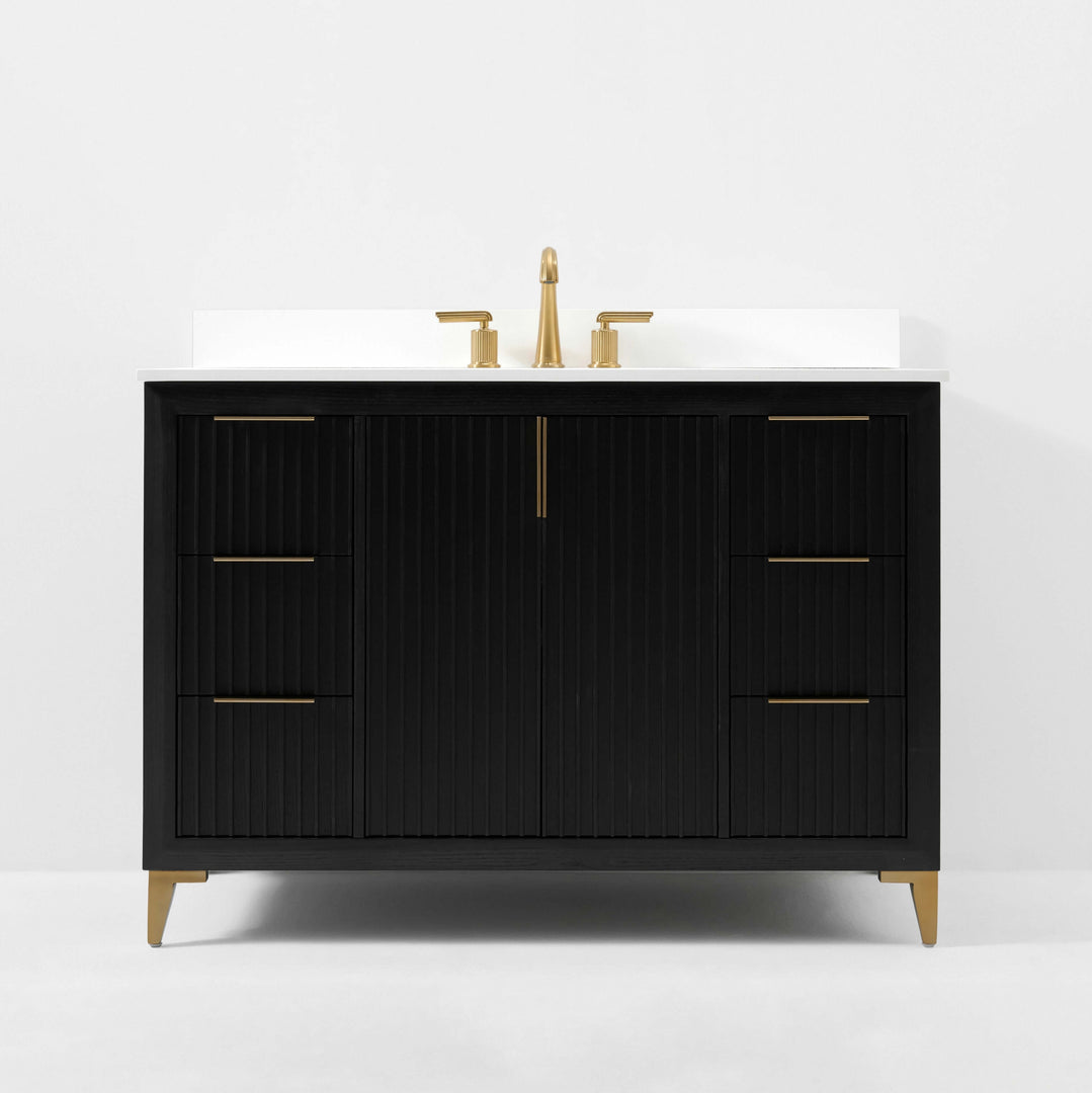 Turlington Oak Vanity with White Quartz Top & Gold Hardware