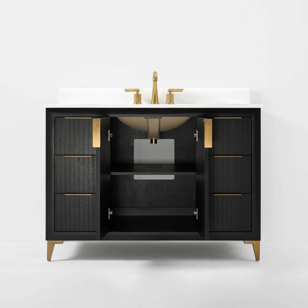 Turlington Oak Vanity with White Quartz Top & Gold Hardware
