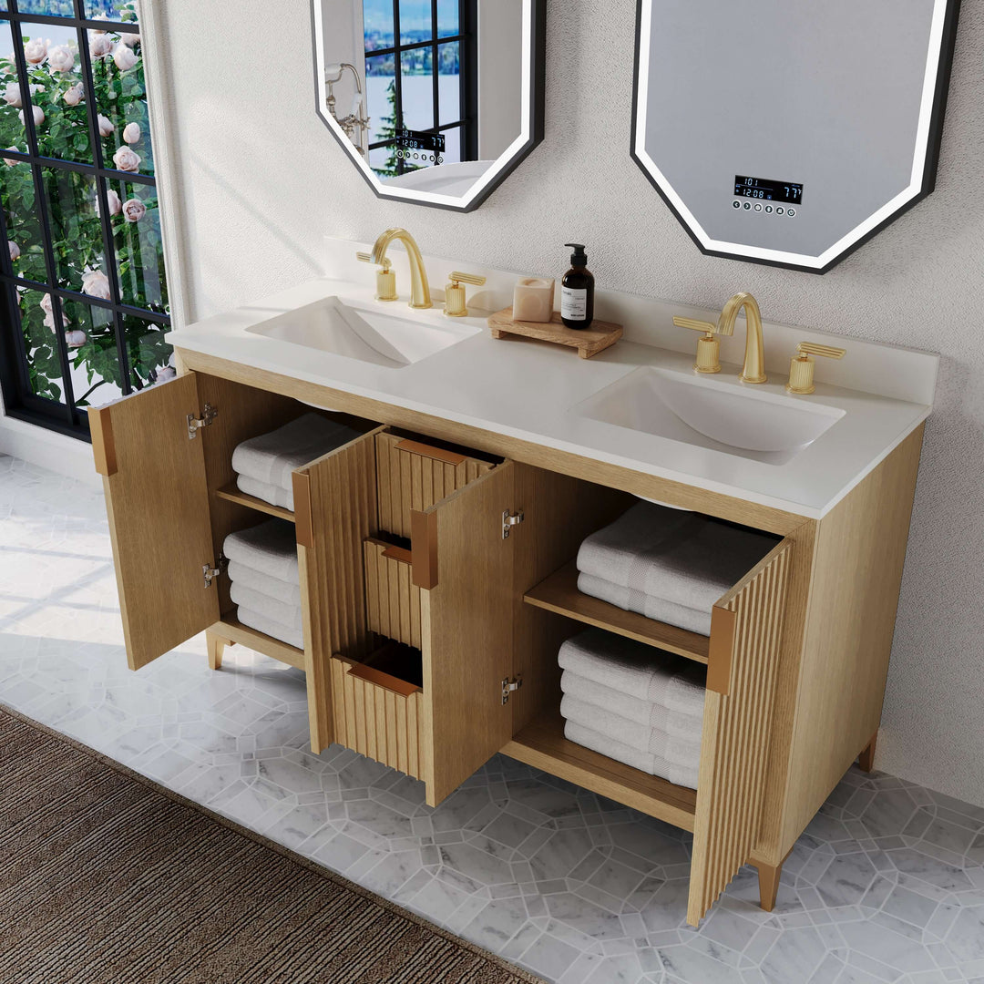 Turlington Oak Vanity with White Quartz Top & Gold Hardware